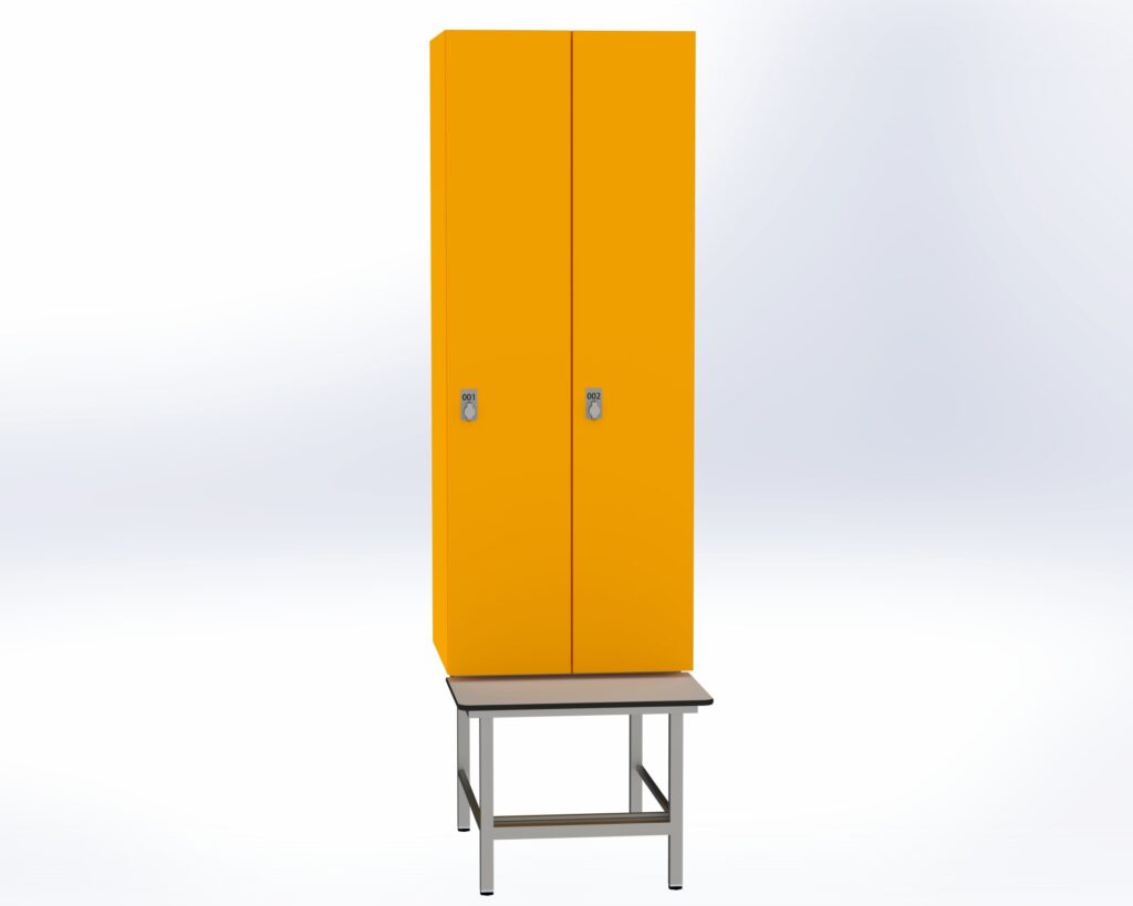 Trockenraum-Spind mit Untergebauter Sitzbank mit Schuhrost - 2 Abt. Mango Drehriegel