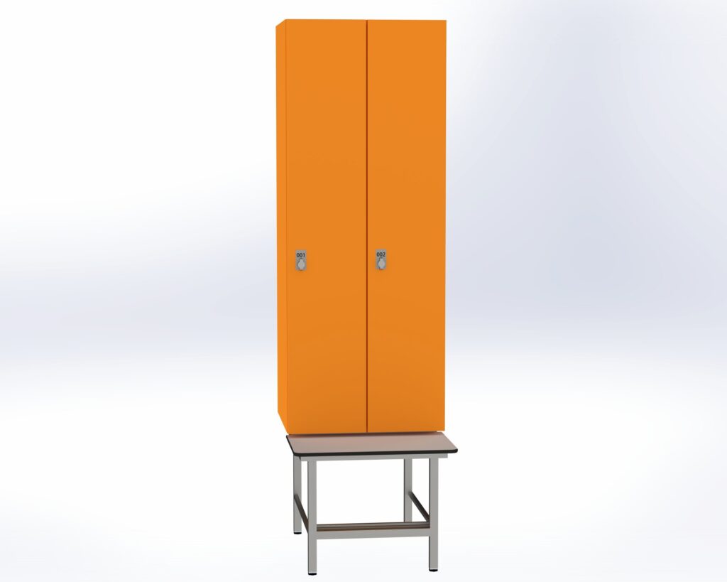 Trockenraum-Spind mit Untergebauter Sitzbank mit Schuhrost - 2 Abt. Mandarin Drehriegel