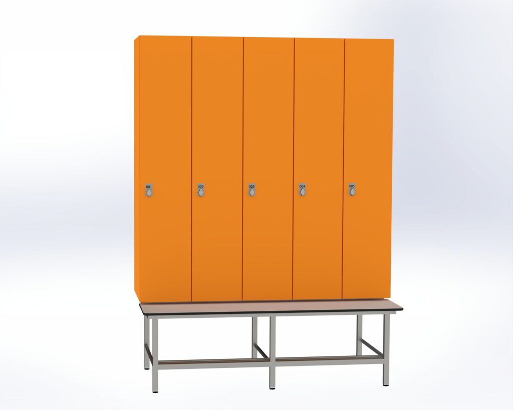 Trockenraum-Spind mit Untergebauter Sitzbank mit Schuhrost - 5 Abt. Mandarin Drehriegel