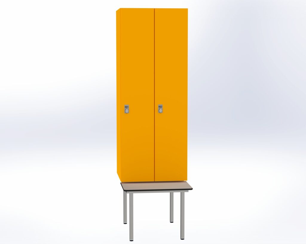 Trockenraum-Spind mit Untergebauter Sitzbank  - 2 Abt. Mango Drehriegel