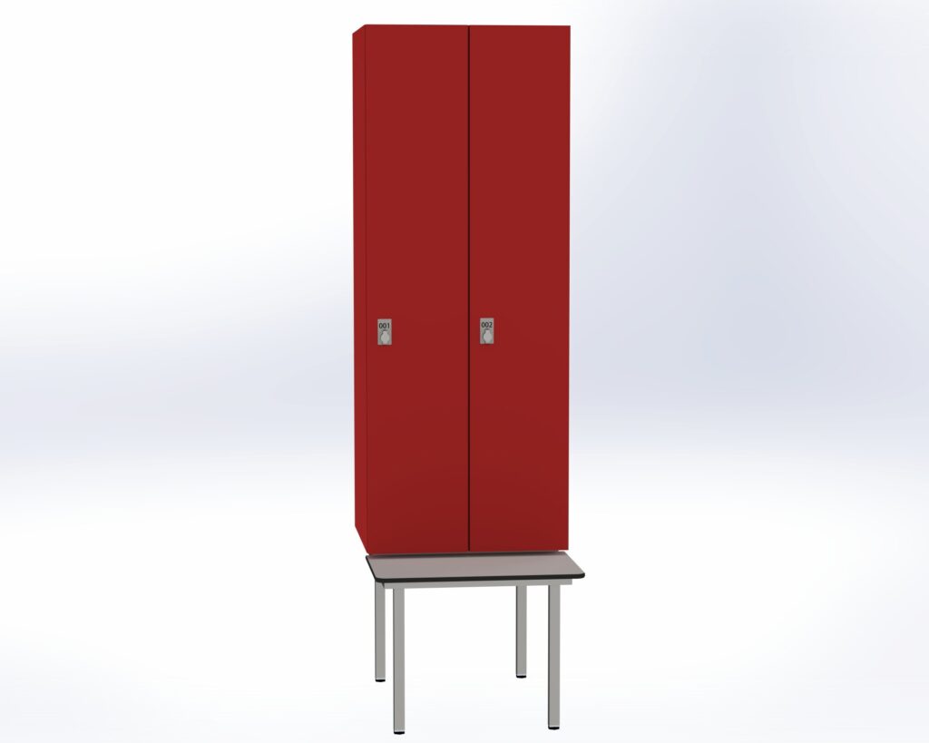 Trockenraum-Spind mit Untergebauter Sitzbank  - 2 Abt. Rot Drehriegel