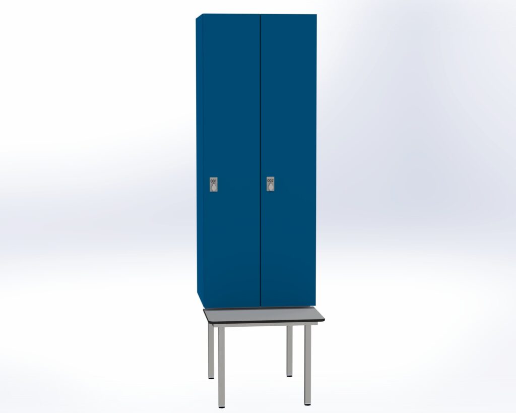 Trockenraum-Spind mit Untergebauter Sitzbank  - 2 Abt. Enzianblau Drehriegel