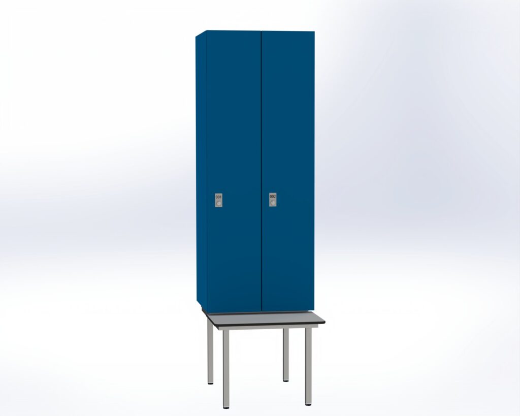 Trockenraum-Spind mit Untergebauter Sitzbank  - 2 Abt. Enzianblau Zylinderschloss