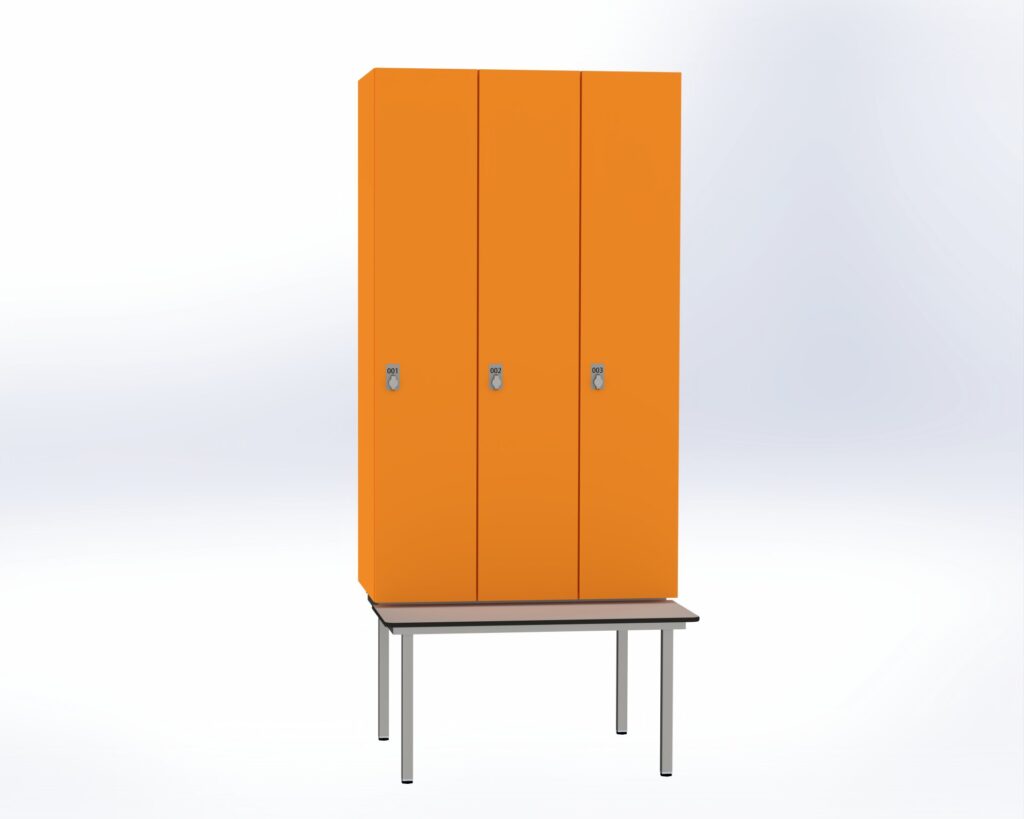 Trockenraum-Spind mit Untergebauter Sitzbank  - 3 Abt. Mandarin Drehriegel