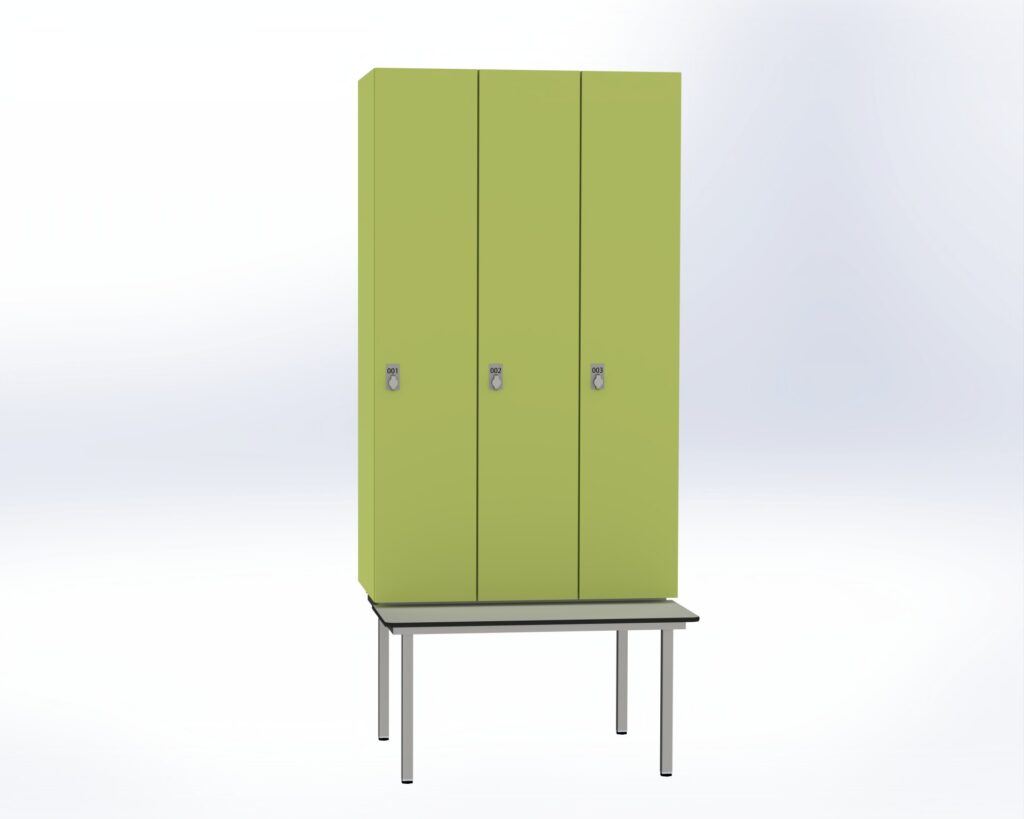 Trockenraum-Spind mit Untergebauter Sitzbank   - 3 Abt. Vivo Drehriegel