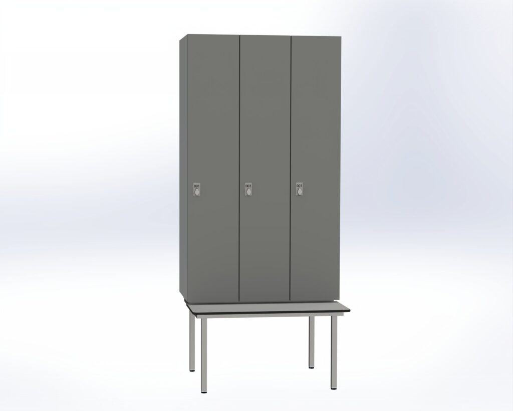 Trockenraum-Spind mit Untergebauter Sitzbank   - 3 Abt. Dunkelgrau Drehriegel