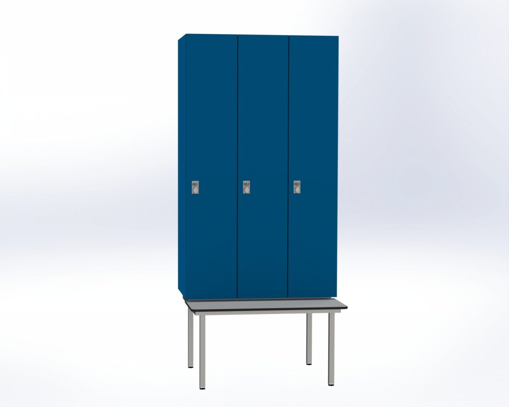 Trockenraum-Spind mit Untergebauter Sitzbank  - 3 Abt. Enzianblau Drehriegel