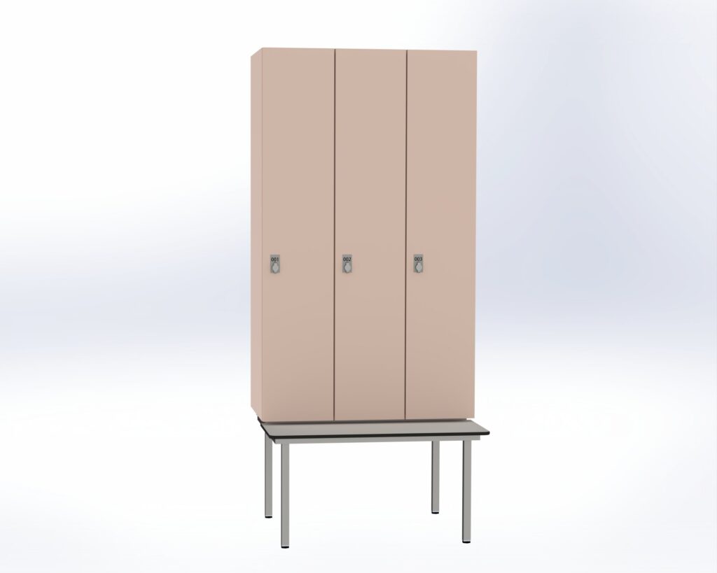 Trockenraum-Spind mit Untergebauter Sitzbank  - 3 Abt. Orichdee Drehriegel