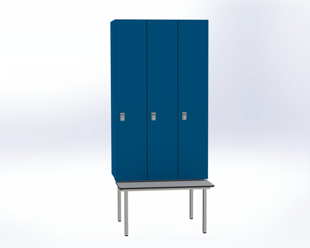 Trockenraum-Spind mit Untergebauter Sitzbank  - 3 Abt. Enzianblau Zylinderschloss