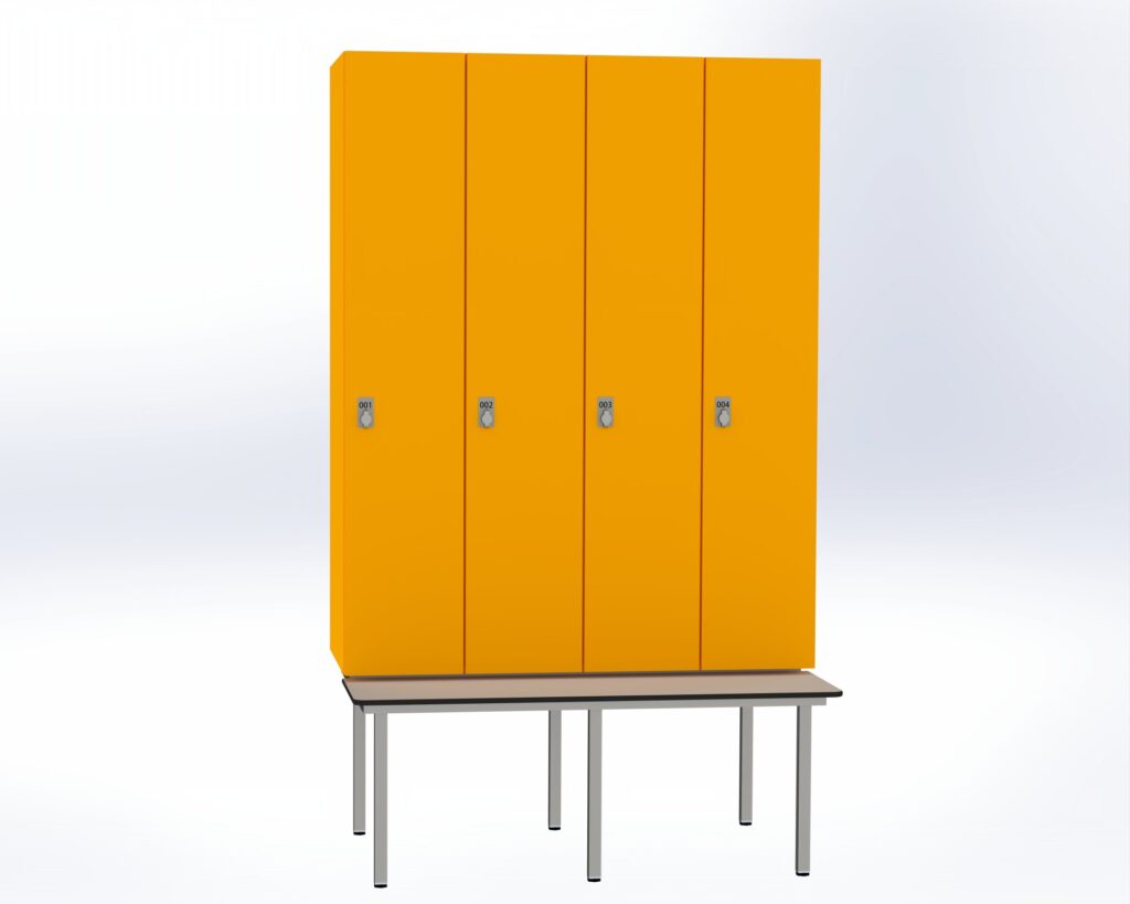Trockenraum-Spind mit Untergebauter Sitzbank  - 4 Abt. Mango Drehriegel