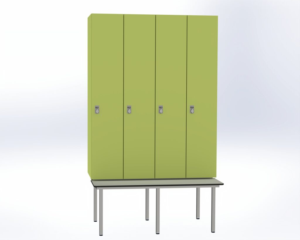 Trockenraum-Spind mit Untergebauter Sitzbank  - 4 Abt. Vivo Drehriegel