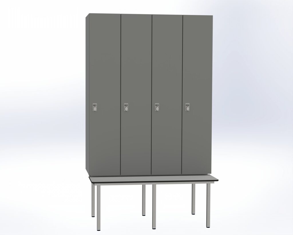 Trockenraum-Spind mit Untergebauter Sitzbank - 4 Abt. Dunkelgrau Drehriegel