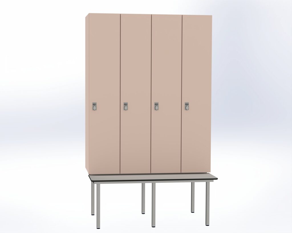 Trockenraum-Spind mit Untergebauter Sitzbank  - 4 Abt. Orichdee Drehriegel