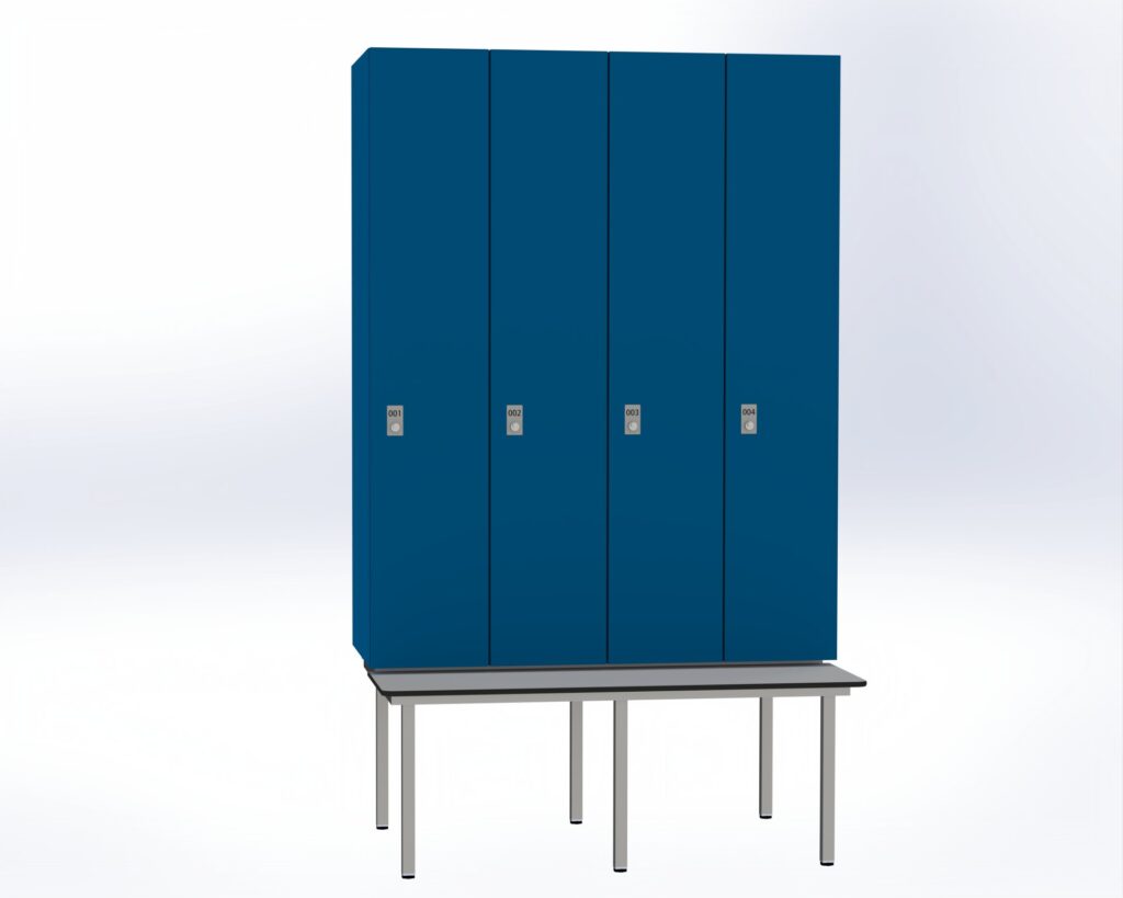 Trockenraum-Spind mit Untergebauter Sitzbank  - 4 Abt. Enzianblau Zylinderschloss