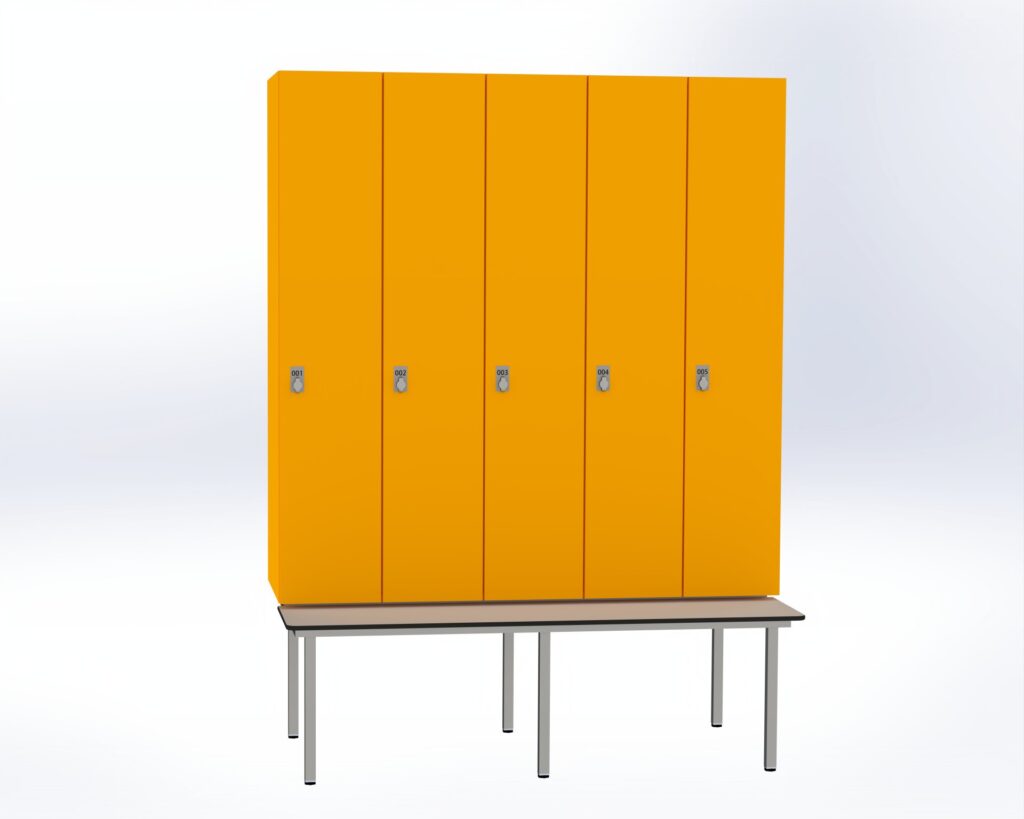 Trockenraum-Spind mit Untergebauter Sitzbank  - 5 Abt. Mango Drehriegel