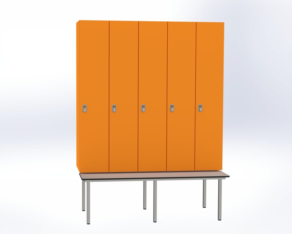 Trockenraum-Spind mit Untergebauter Sitzbank  - 5 Abt. Mandarin Drehriegel