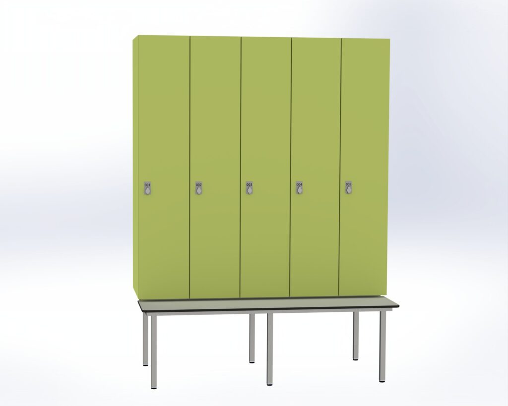 Trockenraum-Spind mit Untergebauter Sitzbank  - 5 Abt. Vivo Drehriegel