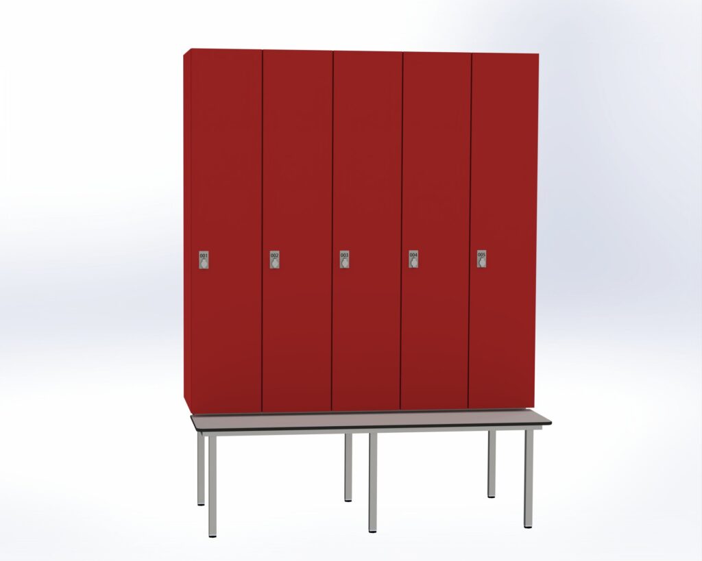 Trockenraum-Spind mit Untergebauter Sitzbank  - 5 Abt. Rot Drehriegel