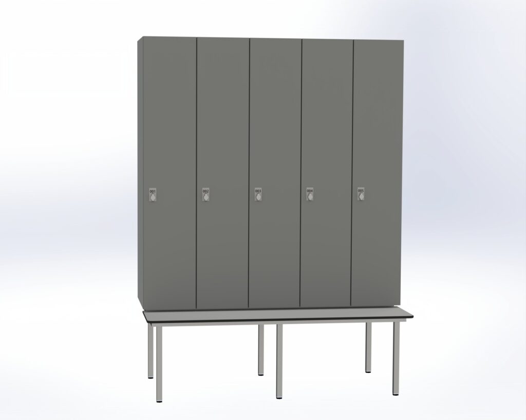 Trockenraum-Spind mit Untergebauter Sitzbank - 5 Abt. Dunkelgrau Drehriegel