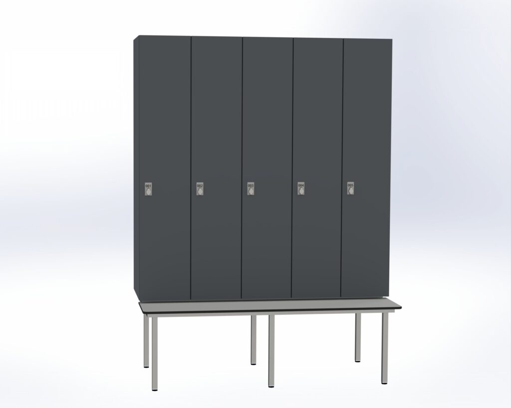 Trockenraum-Spind mit Untergebauter Sitzbank - 5 Abt. Graphitgrau Drehriegel