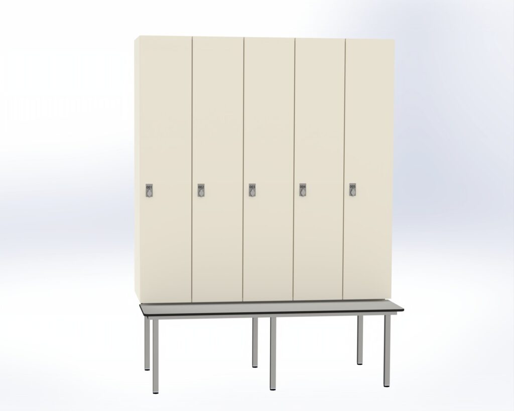 Trockenraum-Spind mit Untergebauter Sitzbank  - 5 Abt. Weiß Drehriegel