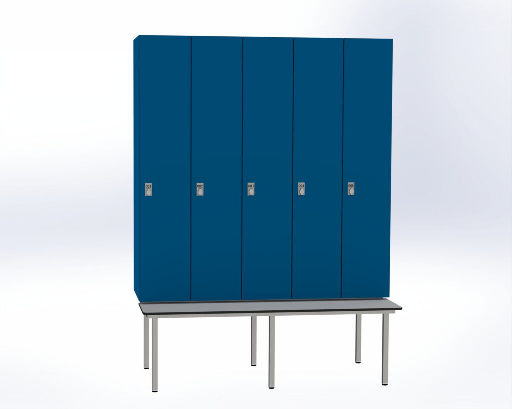 Trockenraum-Spind mit Untergebauter Sitzbank  - 5 Abt. Enzianblau Drehriegel
