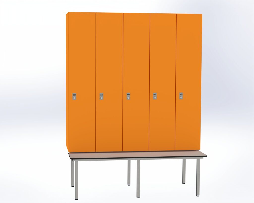 Trockenraum-Spind mit Untergebauter Sitzbank  - 5 Abt. Mandarin Zylinderschloss