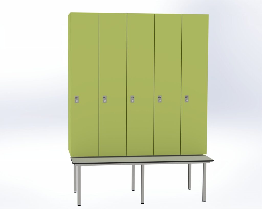Trockenraum-Spind mit Untergebauter Sitzbank  - 5 Abt. Vivo Zylinderschloss