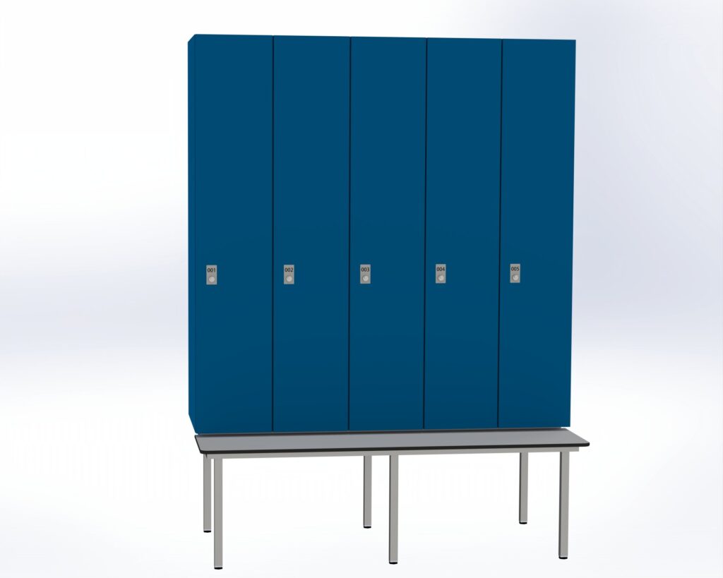 Trockenraum-Spind mit Untergebauter Sitzbank  - 5 Abt. Enzianblau Zylinderschloss