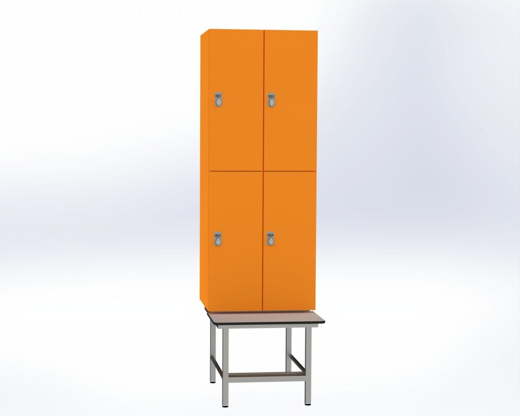 Trockenraum-Spind mit Untergebauter Sitzbank mit Schuhrost - 2 Abt. Mandarin Drehriegel