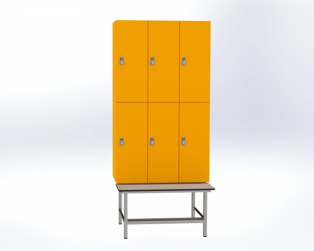 Trockenraum-Spind mit Untergebauter Sitzbank mit Schuhrost - 3 Abt. Mango Drehriegel
