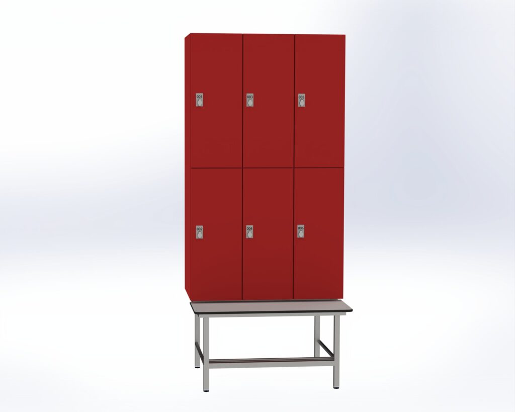 Trockenraum-Spind mit Untergebauter Sitzbank mit Schuhrost - 3 Abt. Rot Drehriegel