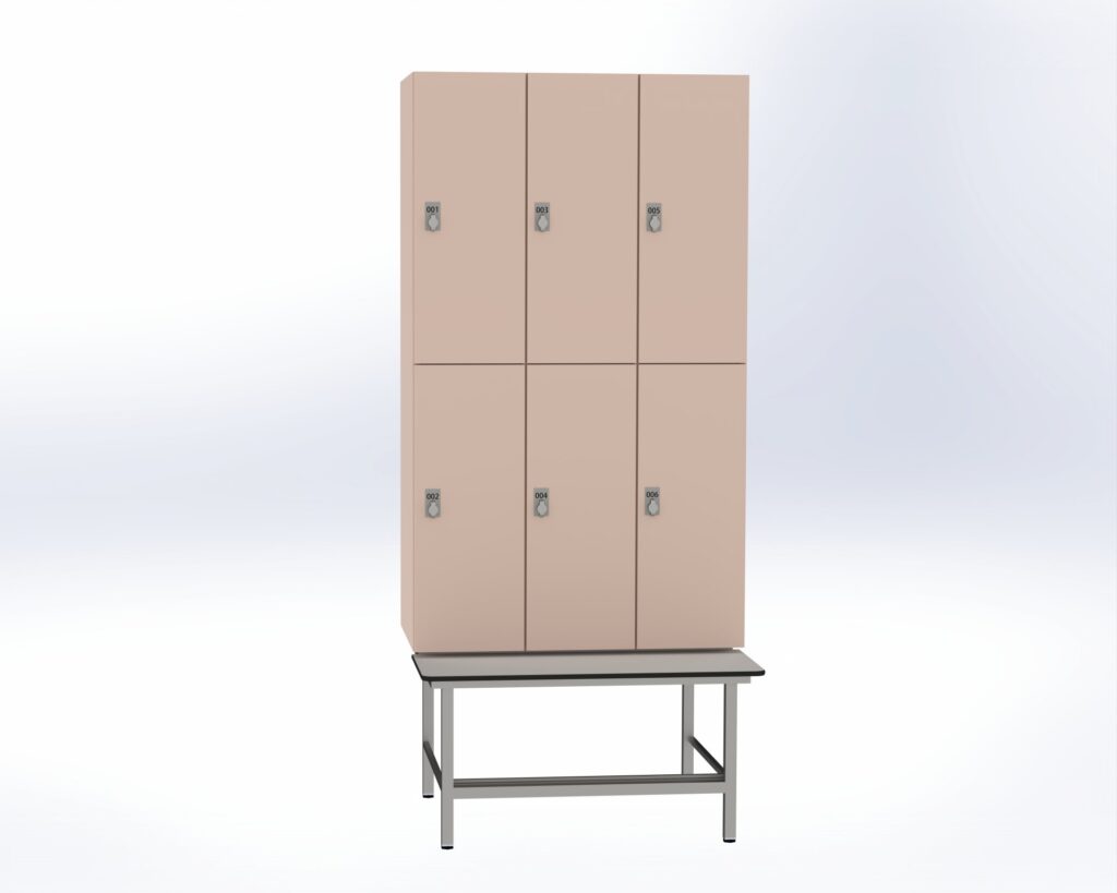 Trockenraum-Spind mit Untergebauter Sitzbank mit Schuhrost - 3 Abt. Orichdee Drehriegel