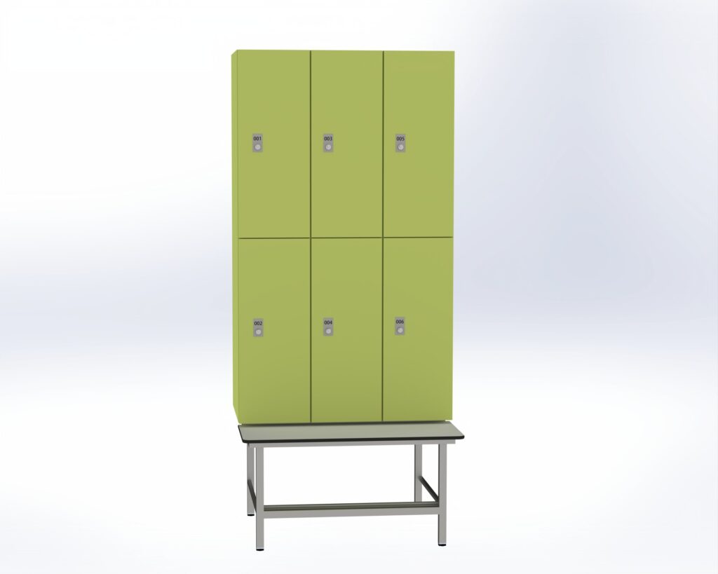 Trockenraum-Spind mit Untergebauter Sitzbank mit Schuhrostl - 3 Abt. Vivo Zylinderschloss