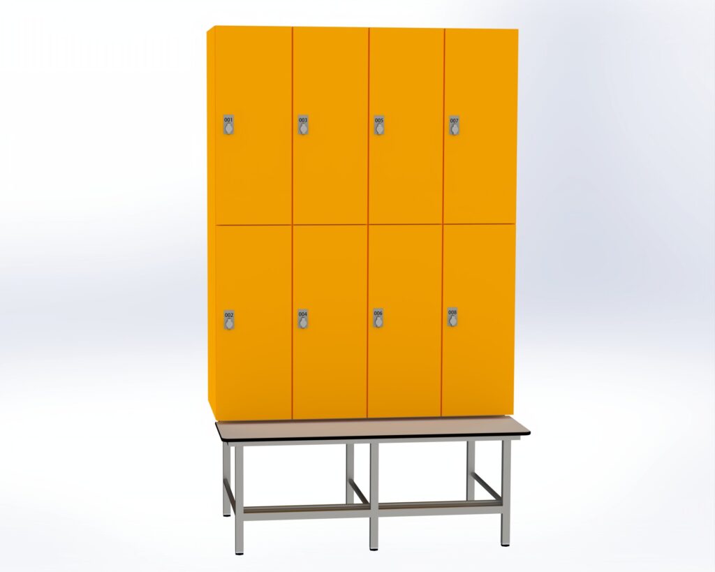 Trockenraum-Spind mit Untergebauter Sitzbank mit Schuhrost - 4 Abt. Mango Drehriegel