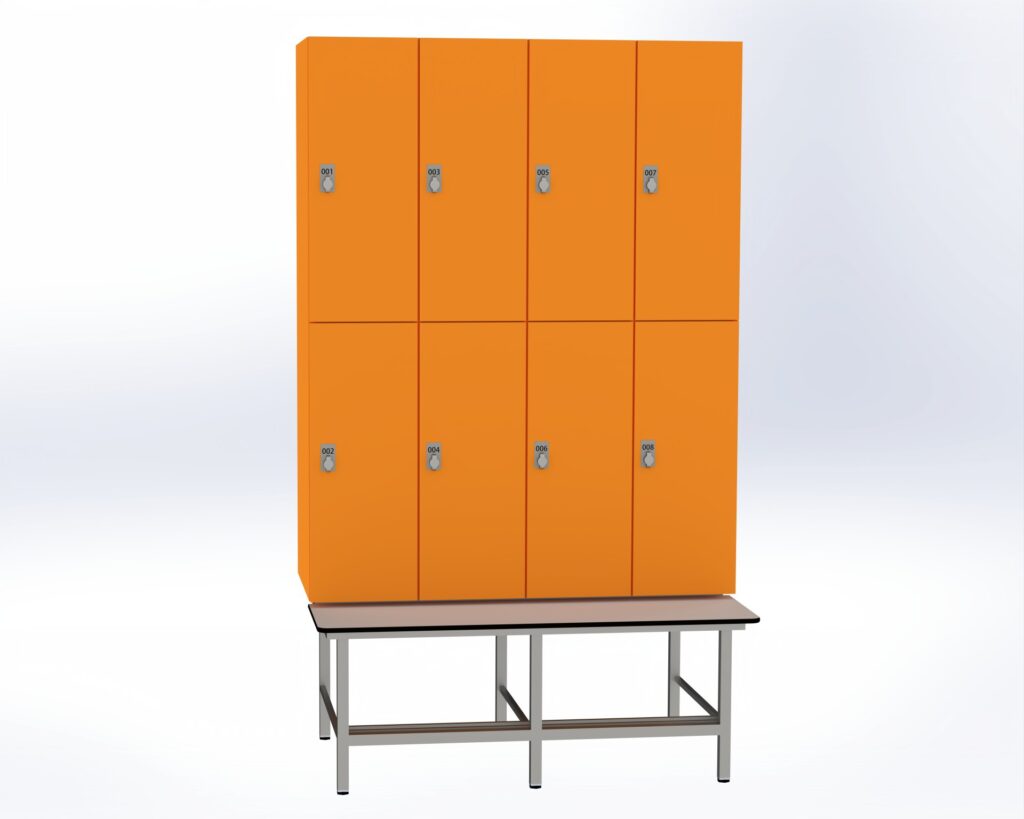 Trockenraum-Spind mit Untergebauter Sitzbank mit Schuhrost - 4 Abt. Mandarin Drehriegel