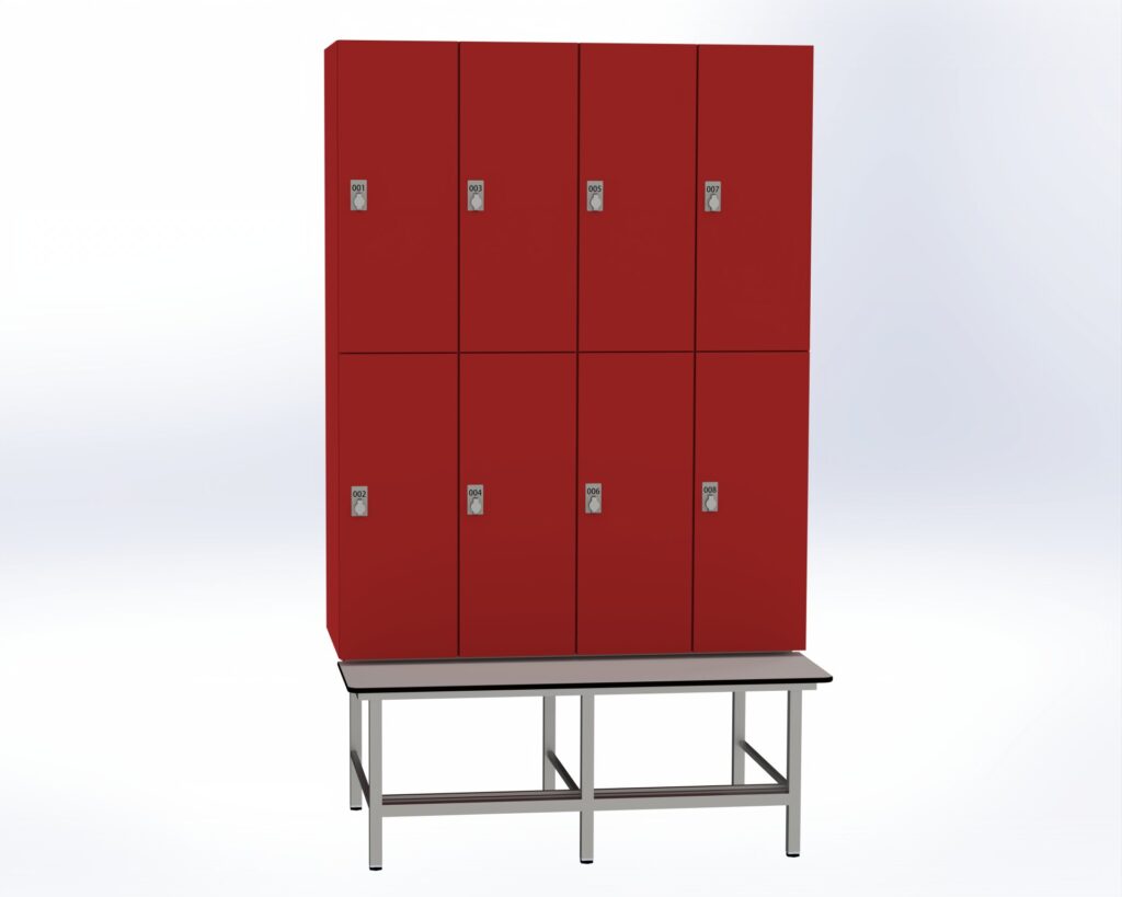 Trockenraum-Spind mit Untergebauter Sitzbank mit Schuhrost - 4 Abt. Rot Drehriegel