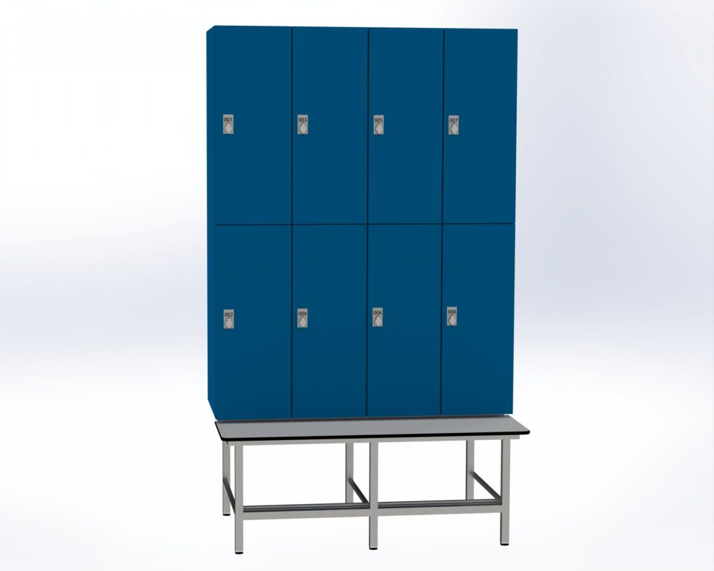 Trockenraum-Spind mit Untergebauter Sitzbank mit Schuhrost - 4 Abt. Enzianblau Drehriegel