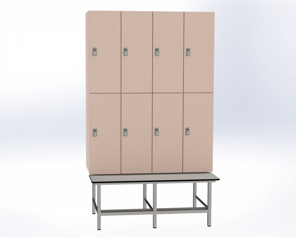 Trockenraum-Spind mit Untergebauter Sitzbank mit Schuhrost - 4 Abt. Orichdee Drehriegel