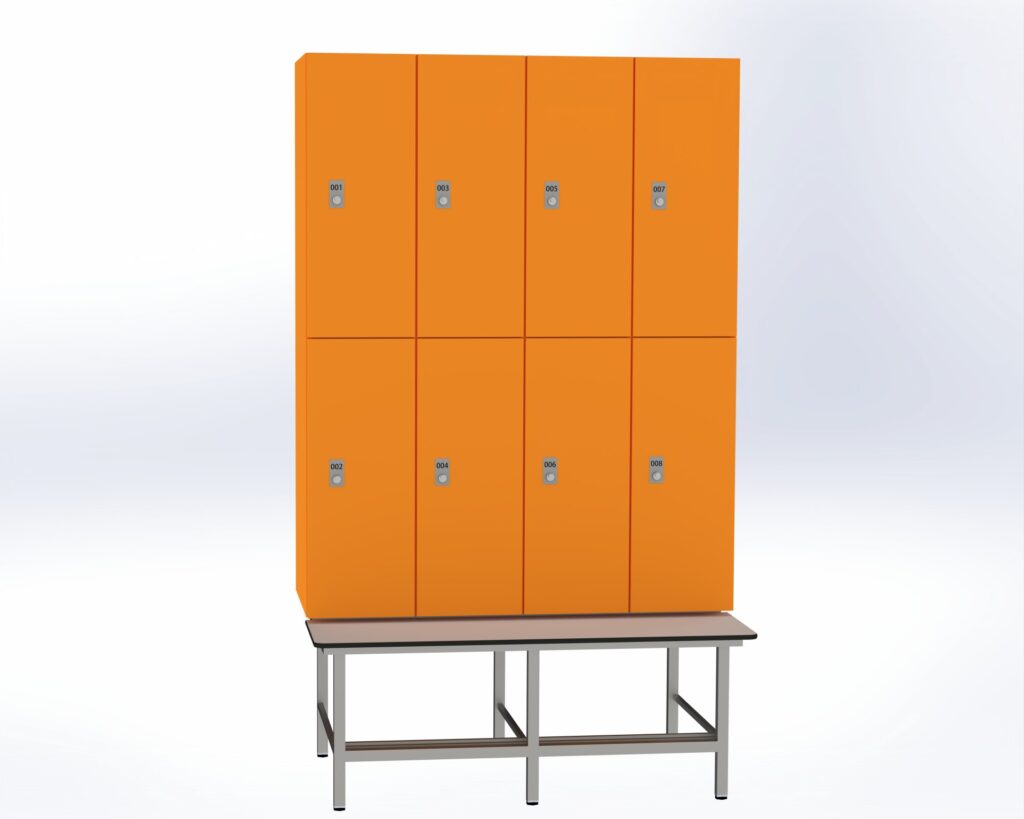 Trockenraum-Spind mit Untergebauter Sitzbank mit Schuhrost - 4 Abt. Mandarin Zylinderschloss