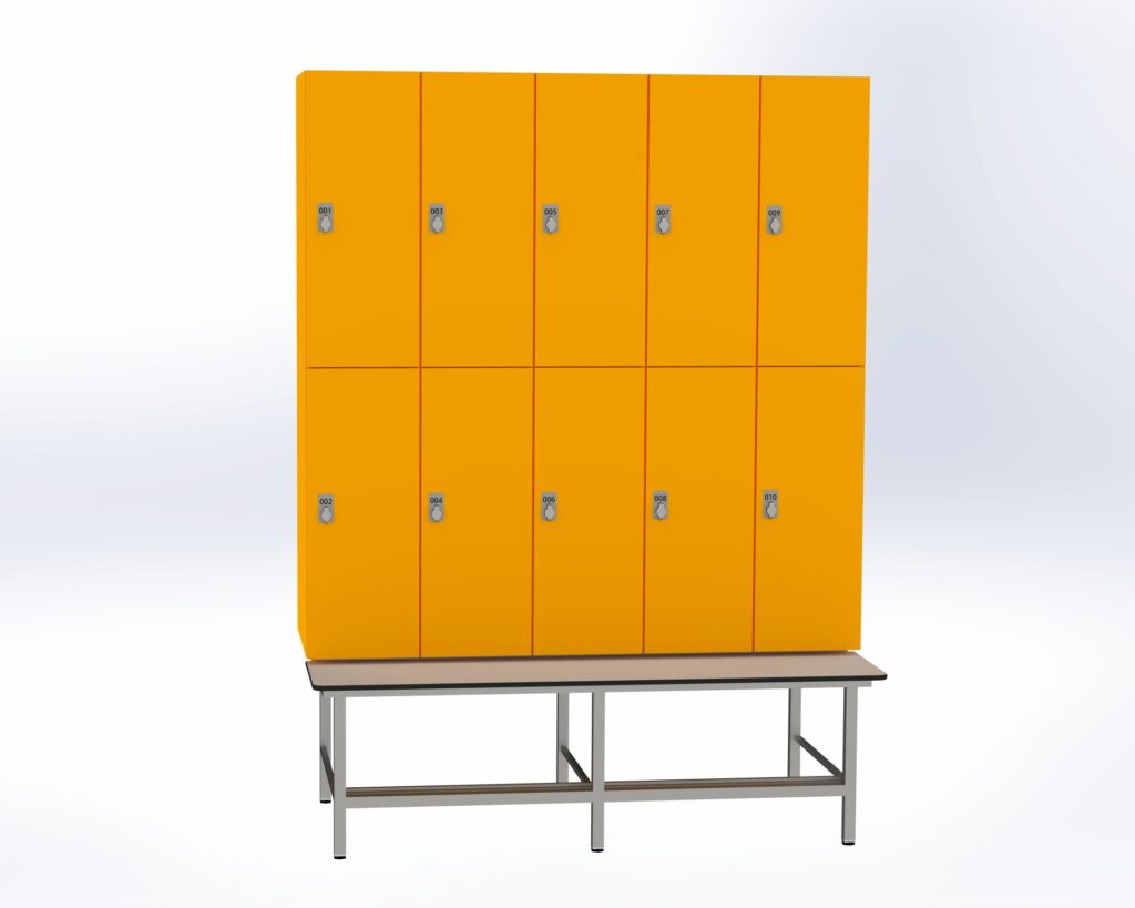 Trockenraum-Spind mit Untergebauter Sitzbank mit Schuhrost - 5 Abt. Mango Drehriegel