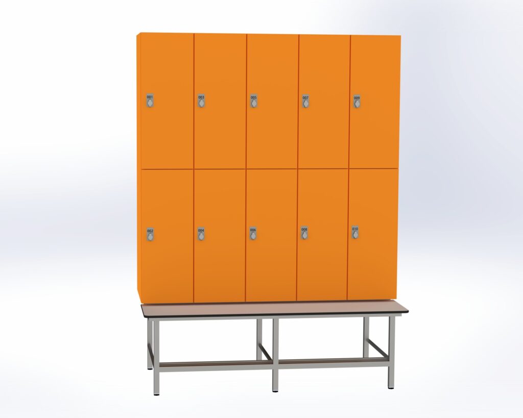 Trockenraum-Spind mit Untergebauter Sitzbank mit Schuhrost - 5 Abt. Mandarin Drehriegel
