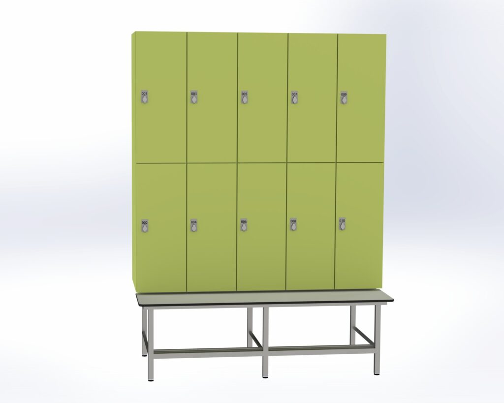 Trockenraum-Spind mit Untergebauter Sitzbank mit Schuhrost - 5 Abt. Vivo Drehriegel