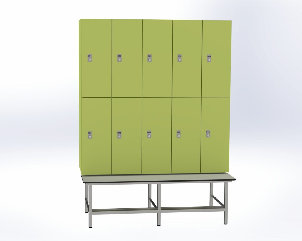 Trockenraum-Spind mit Untergebauter Sitzbank mit Schuhrost - 5 Abt. Vivo Zylinderschloss