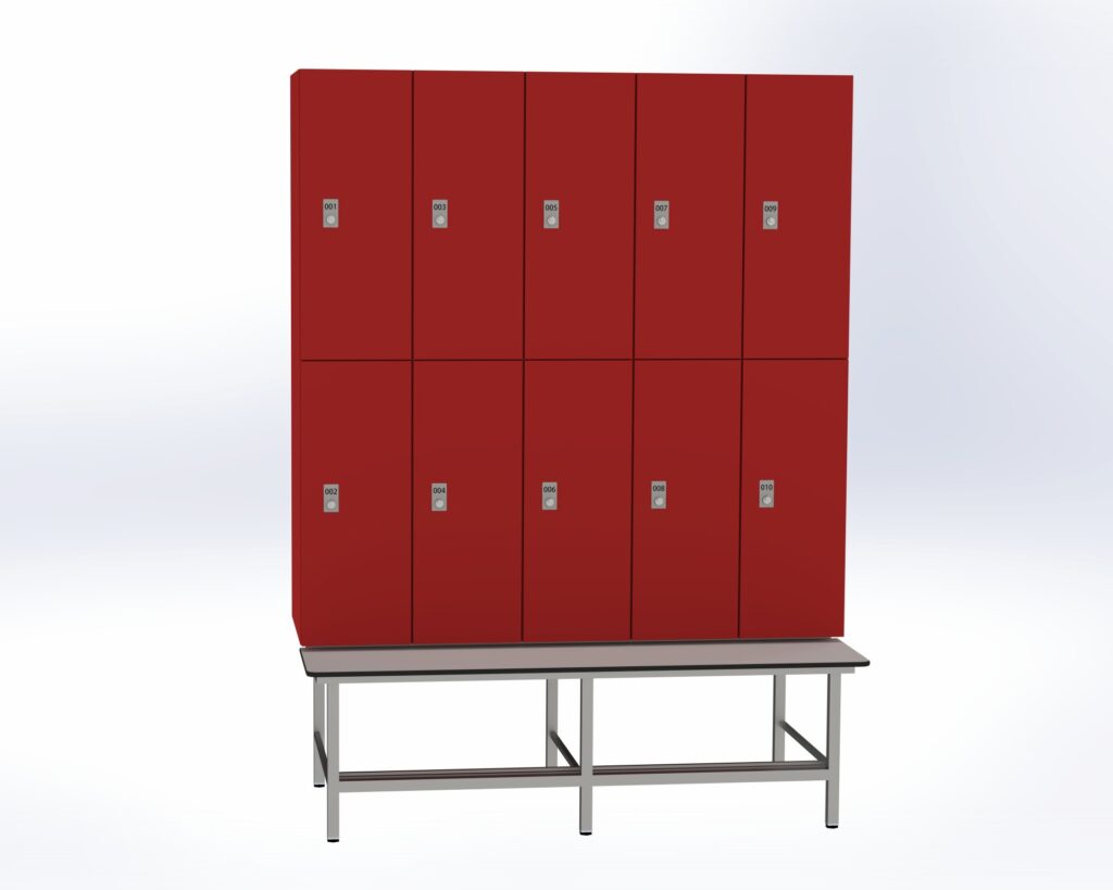 Trockenraum-Spind mit Untergebauter Sitzbank mit Schuhrost - 5 Abt. Rot Zylinderschloss