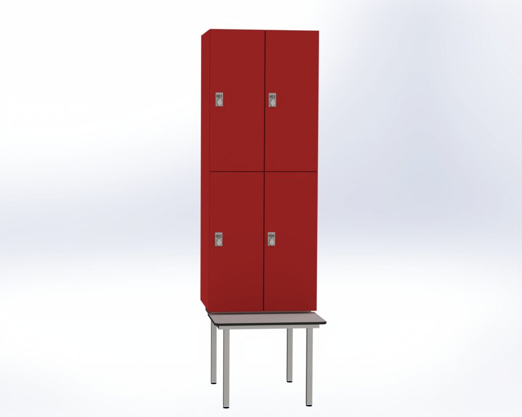 Trockenraum-Spind mit Untergebauter Sitzbank  - 2 Abt. Rot Drehriegel
