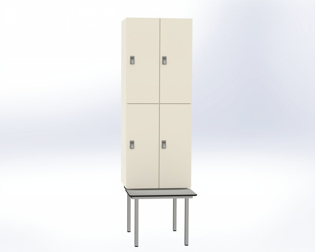 Trockenraum-Spind mit Untergebauter Sitzbank  - 2 Abt. Weiß Drehriegel