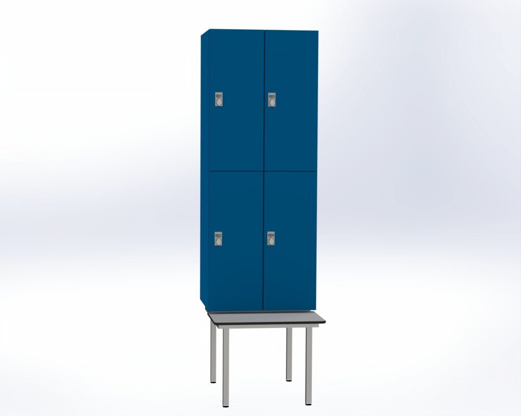 Trockenraum-Spind mit Untergebauter Sitzbank  - 2 Abt. Enzianblau Drehriegel