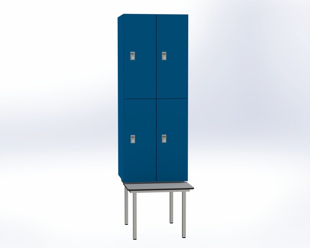 Trockenraum-Spind mit Untergebauter Sitzbank  - 2 Abt. Enzianblau Zylinderschloss