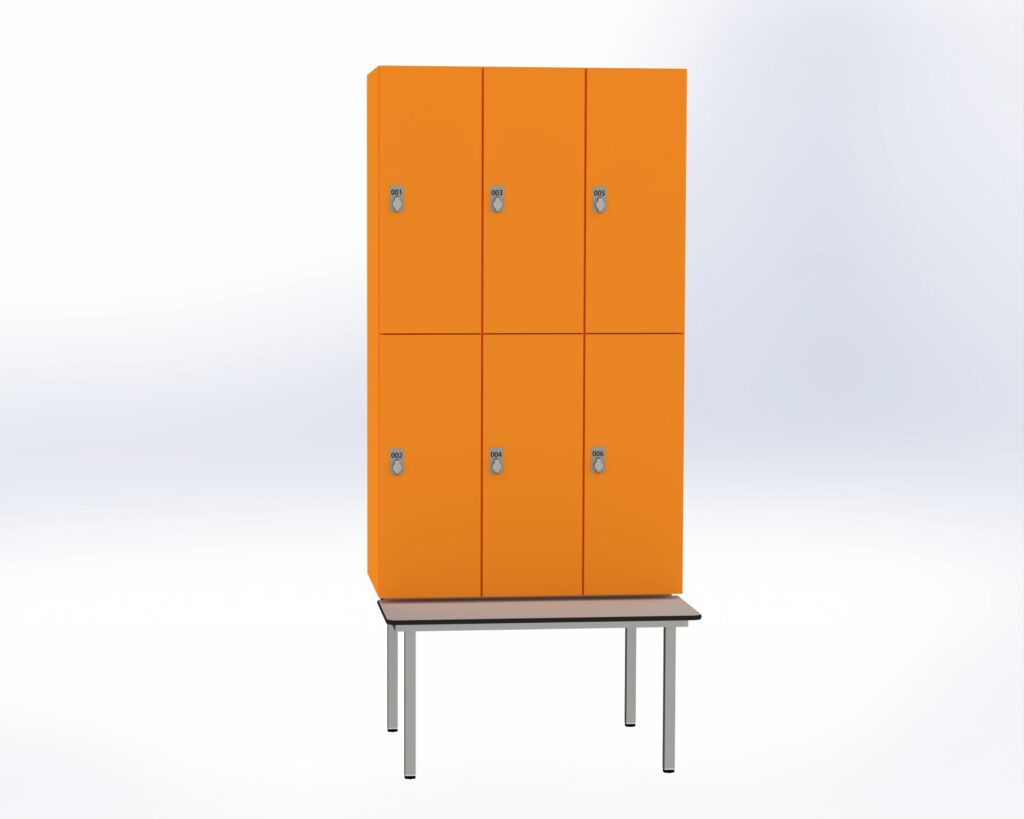 Trockenraum-Spind mit Untergebauter Sitzbank  - 3 Abt. Mandarin Drehriegel